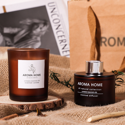 AROMA RUMAH Hot-sell Oil Fragrance Glass Jar Set Kado Lilin Beraroma Reed Diffuser Coklat Mewah