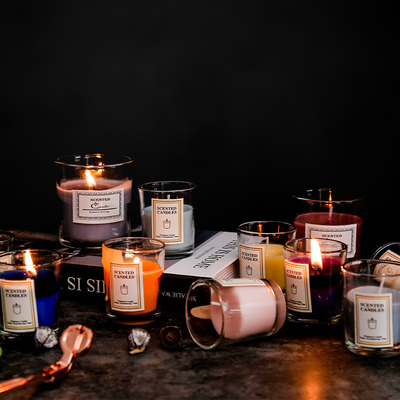 AROMA RUMAH Mewah Private Label Kustom Aromaterapi Nordic INS Wangi Scented Soy Wax Bening Jar Lilin dengan Kotak Hadiah