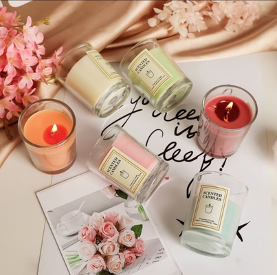 AROMA RUMAH Mewah Private Label Kustom Aromaterapi Nordic INS Wangi Scented Soy Wax Bening Jar Lilin dengan Kotak Hadiah