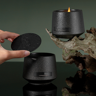 Minimalisme Style Bowl Wilderness Soy Wax Stoples Lilin Keramik Hitam Dengan Sumbu Kayu