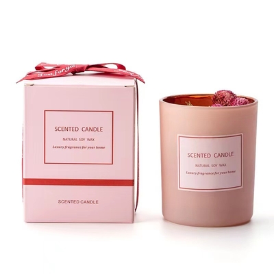 AROMA RUMAH Merah Muda Romantis Aromaterapi Mewah Bunga Kering Label Pribadi Lilin Lilin Beraroma Kedelai Untuk Pengaturan Acara