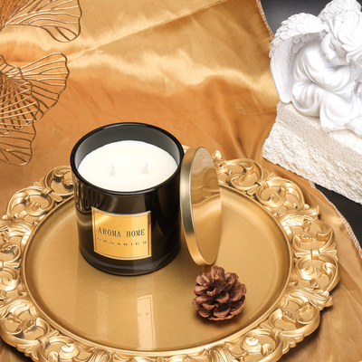Golden Metal Tutup Botol Kaca Hitam Rumah Lilin Aroma Lilin Kedelai Private Label 14OZ 400g