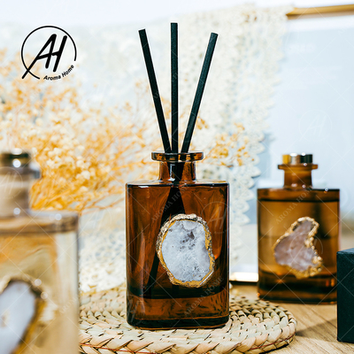 Fiber Rotan Square Golden Tutup Botol Kaca Minyak Esensial Aroma Reed Diffuser 180ML