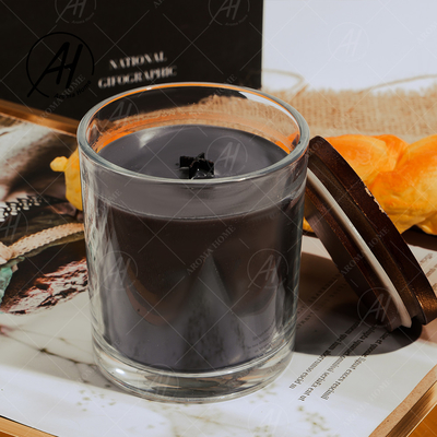 Guci Transparan Kustom Lilin Kedelai Hitam Lilin Aroma Vanila Dengan Tutup Kayu