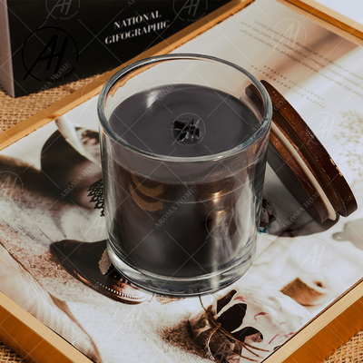 Guci Transparan Kustom Lilin Kedelai Hitam Lilin Aroma Vanila Dengan Tutup Kayu