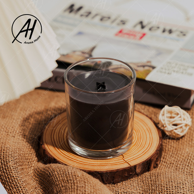 Guci Transparan Kustom Lilin Kedelai Hitam Lilin Aroma Vanila Dengan Tutup Kayu
