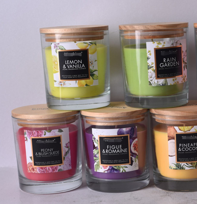 Aroma Home Red Candy Glass Candle Beraroma Kustom dengan tutup kayu